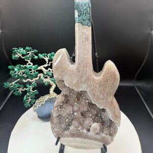 Pink Amethyst Green Jasper Gray Toned Guitar Carving Druzy Crystal Natural 895g